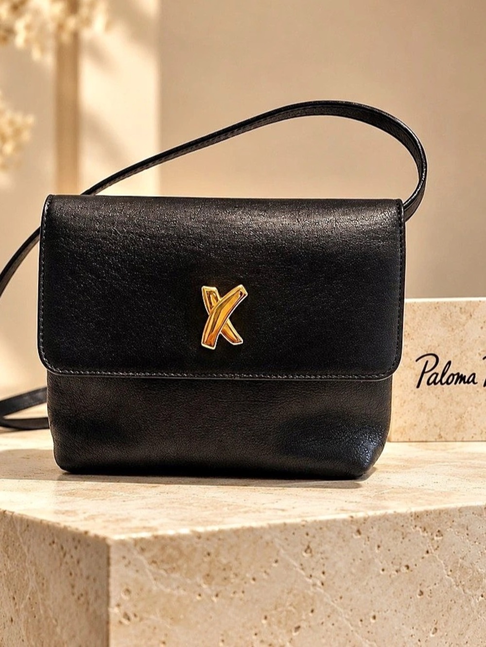Paloma Picasso Vintage Black Leather Crossbody Bag with Gold X Logo Black